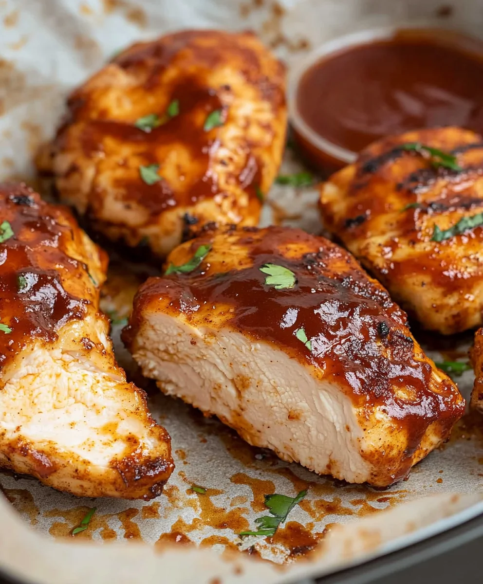 Juicy sliced Air-Fryer BBQ Chicken with a crispy, caramelized BBQ sauce coating.