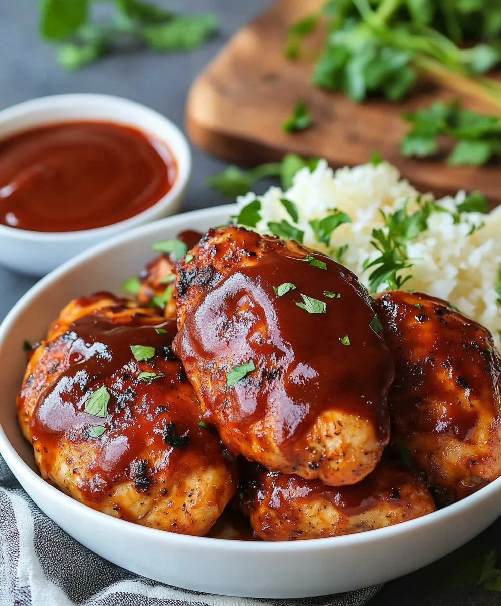Delicious Air-Fryer BBQ Chicken served with rice and garnished with fresh herbs.