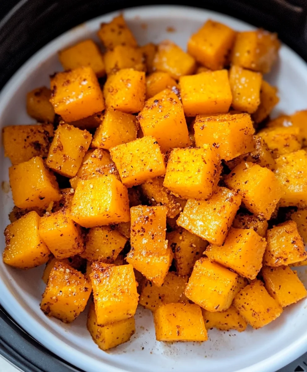 Air fryer butternut squash cubes with a crispy Parmesan crust and fresh herbs.