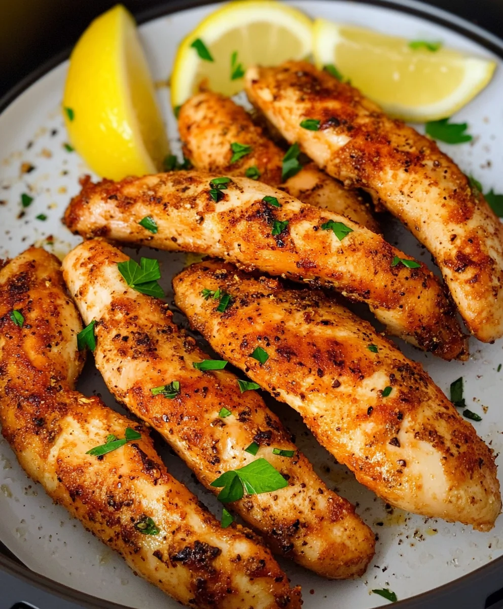 Crispy and juicy air fryer chicken tenderloins garnished with fresh parsley and lemon slices on a plate.