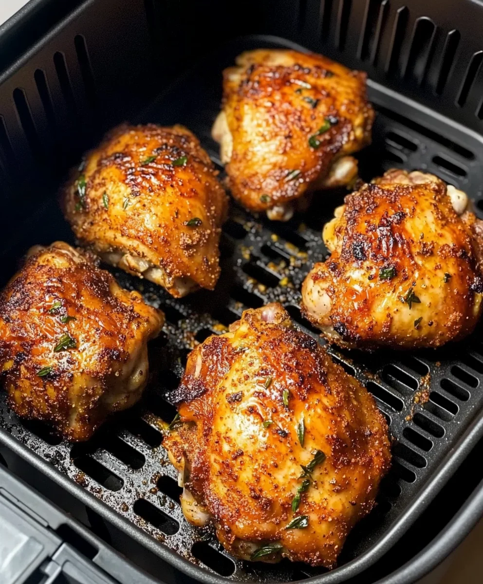 Golden-brown air fryer chicken thighs cooking inside the air fryer basket.