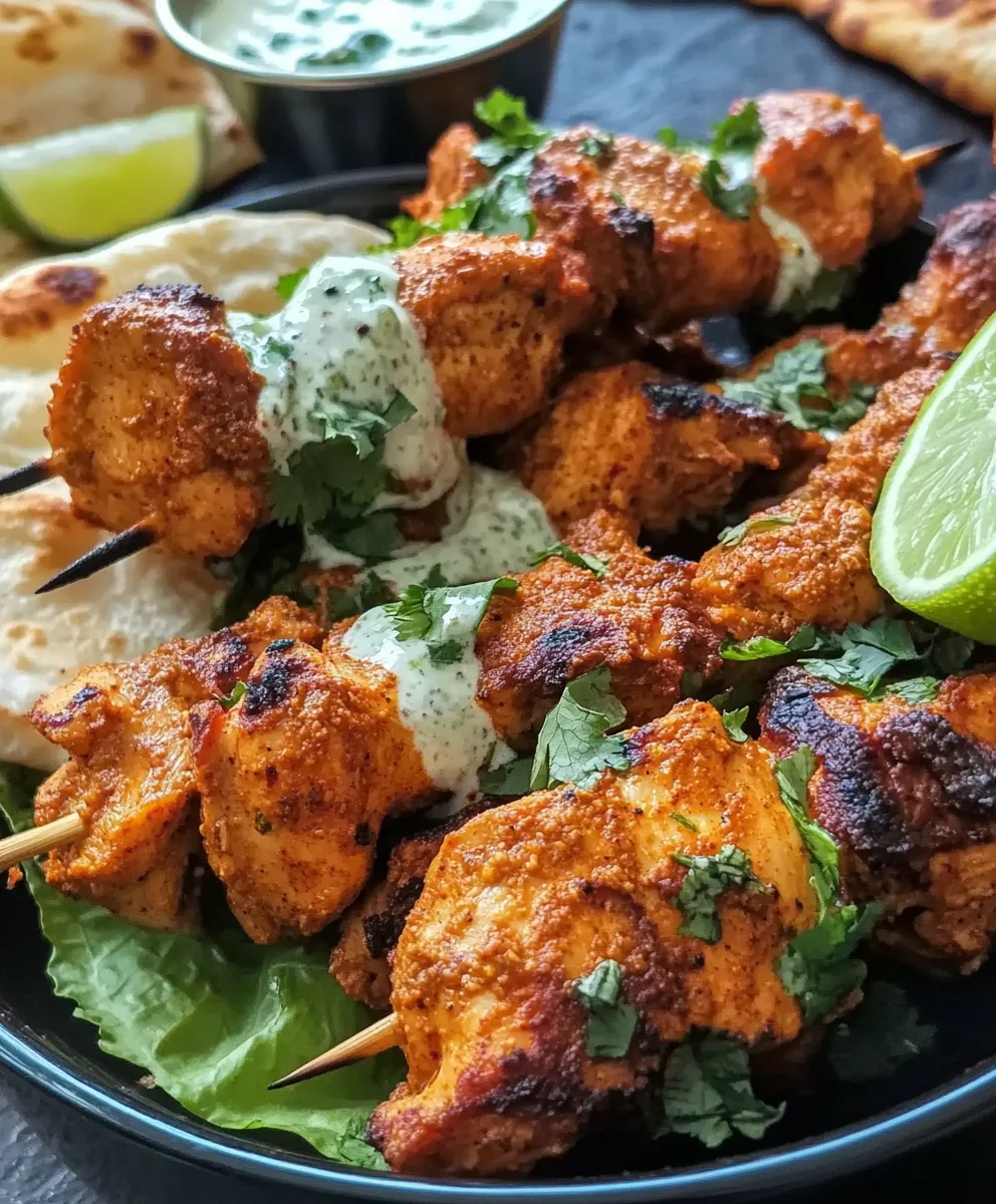 Delicious Air-Fryer Chicken Tikka skewers served with naan, raita, and fresh lime wedges.