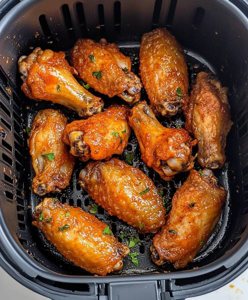 Crispy golden air fryer chicken wings in a black air fryer basket, garnished with fresh herbs.