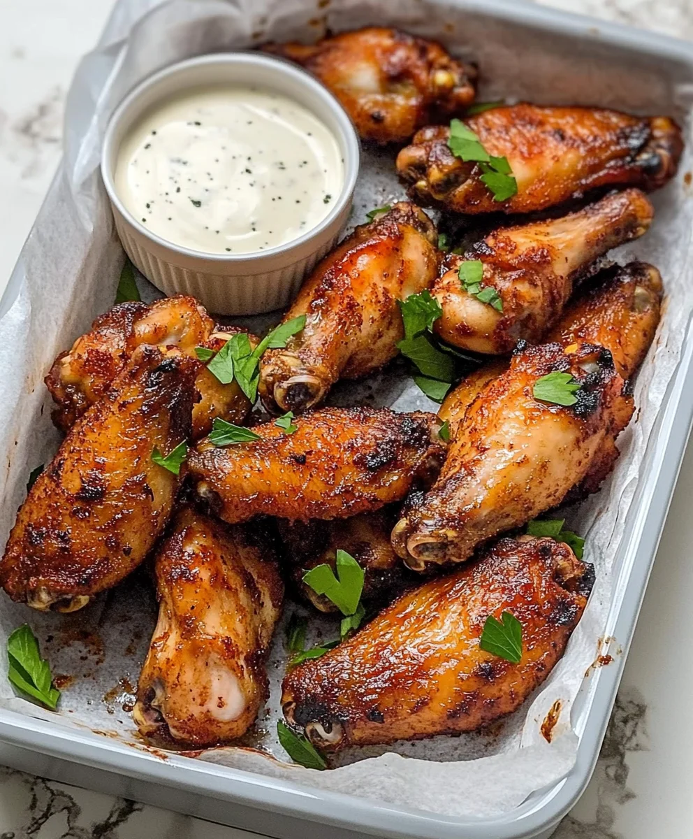 Crispy, seasoned air fryer chicken wings arranged in a tray with dipping sauce, garnished with fresh herbs.