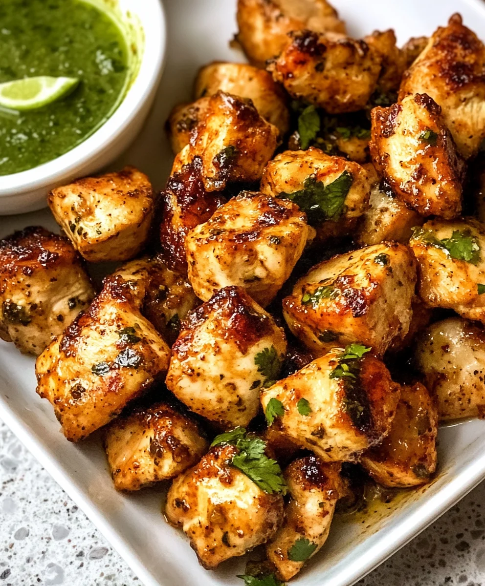 Crispy air fryer cilantro lime chicken bites served on a white plate with fresh cilantro and a side of green dipping sauce.