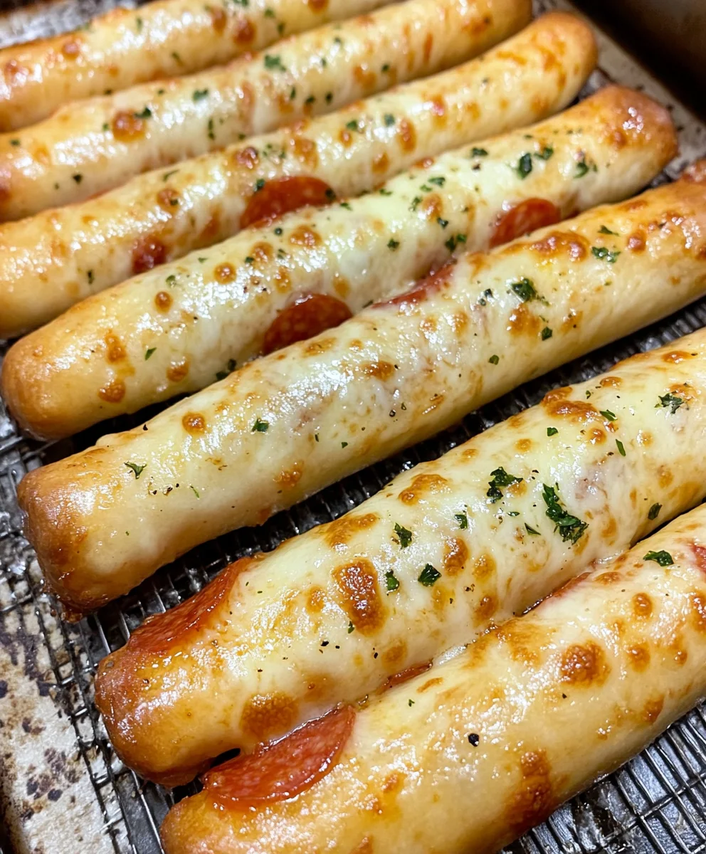 Freshly baked air fryer pizza breadsticks with melted cheese and pepperoni, served with marinara and green onions.
