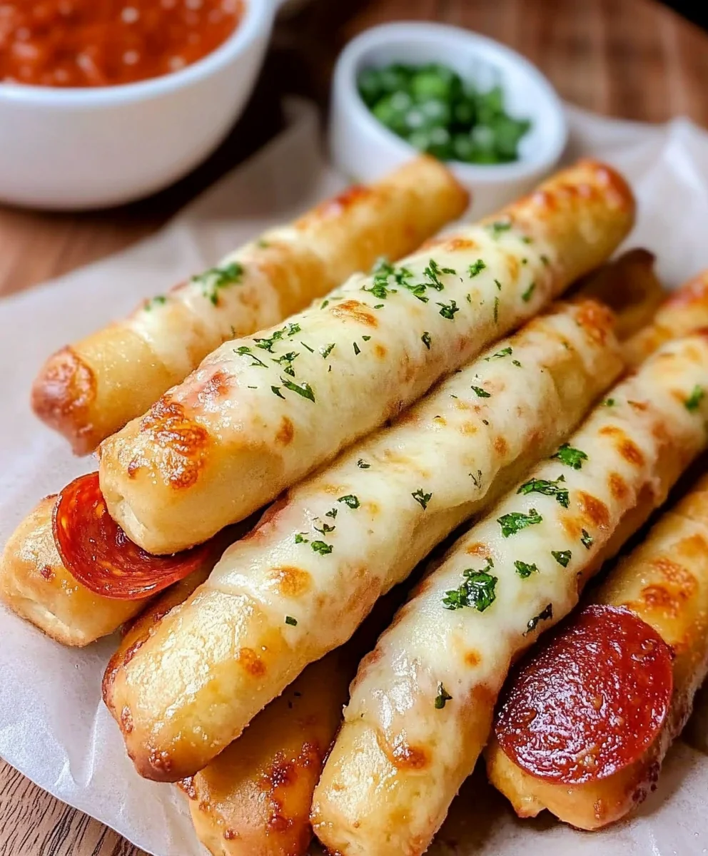 A batch of air fryer pizza breadsticks fresh out of the air fryer, covered in melted cheese, pepperoni, and herbs.