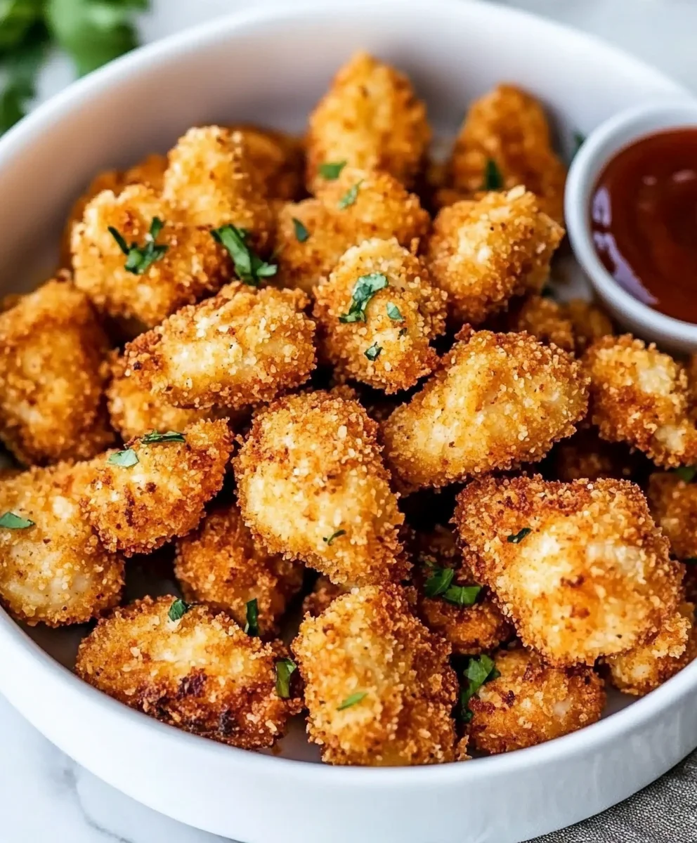 Golden brown air fryer popcorn chicken in a white bowl with a side of barbecue sauce.
