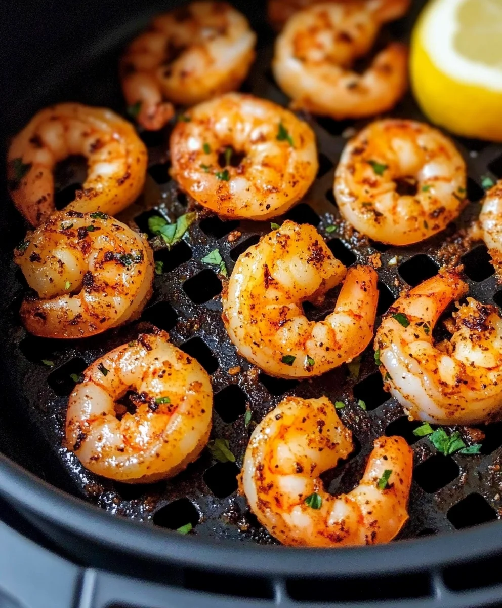 Golden air fryer shrimp served on a white plate with lemon wedges.
