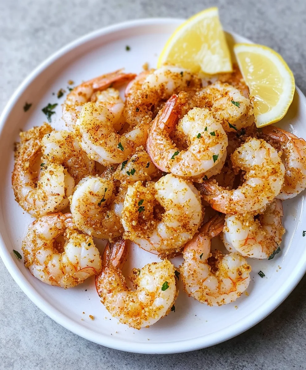Crunchy breaded air fryer shrimp in a bowl with lemon slices.