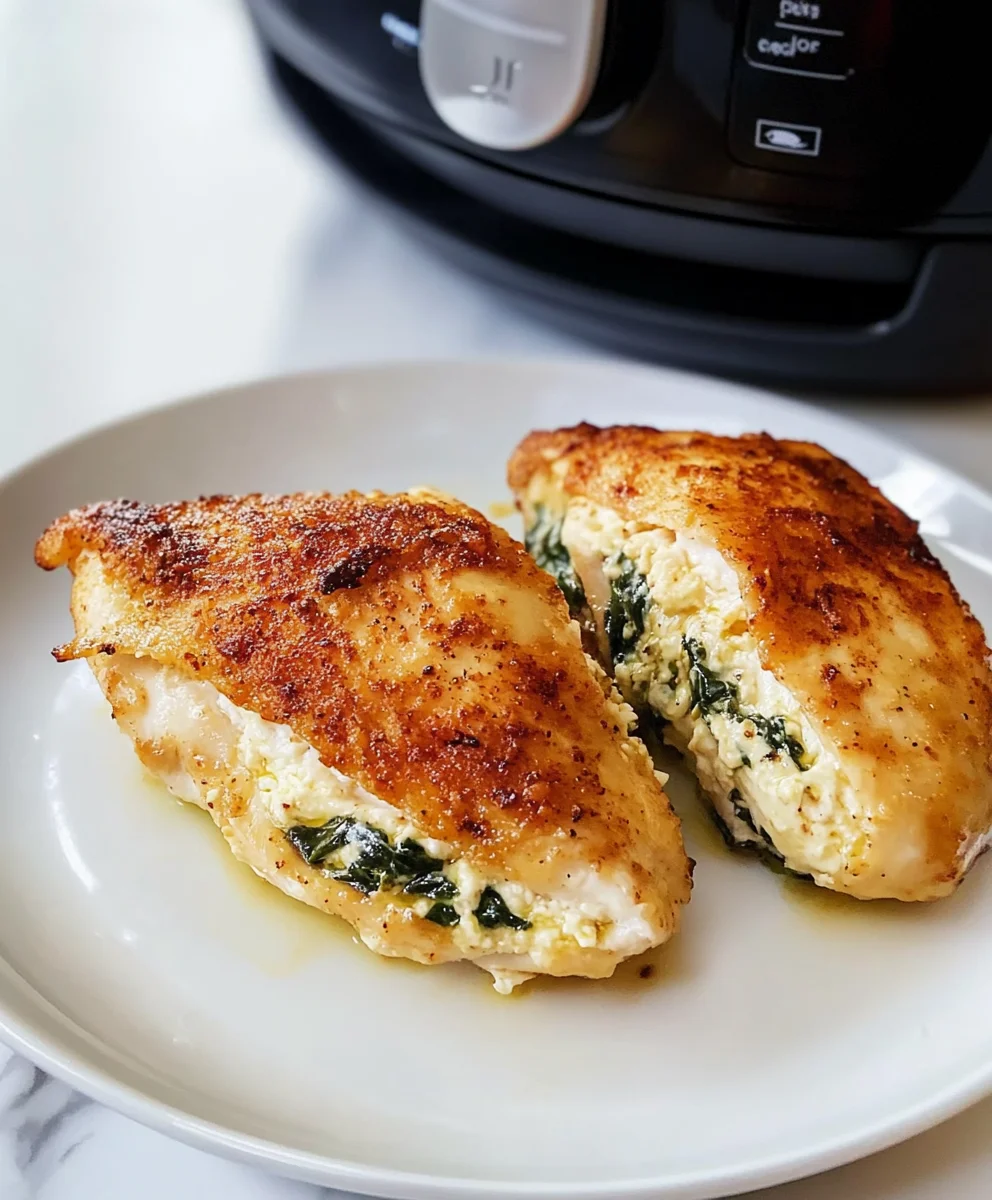 Close-up of air fryer stuffed chicken breast with a golden crust and a gooey cheese and spinach filling.