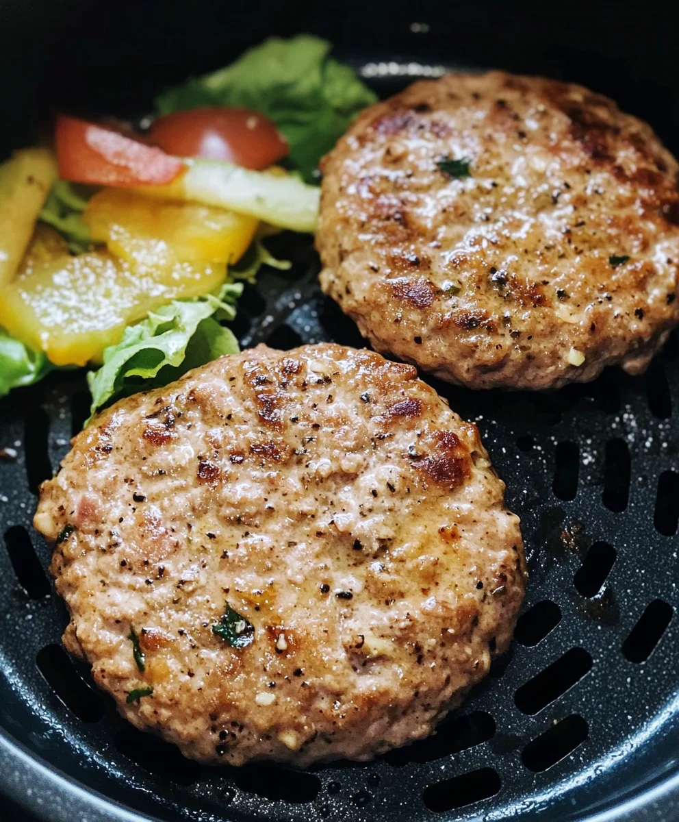Two seasoned turkey burger patties in an air fryer basket, cooked to perfection.