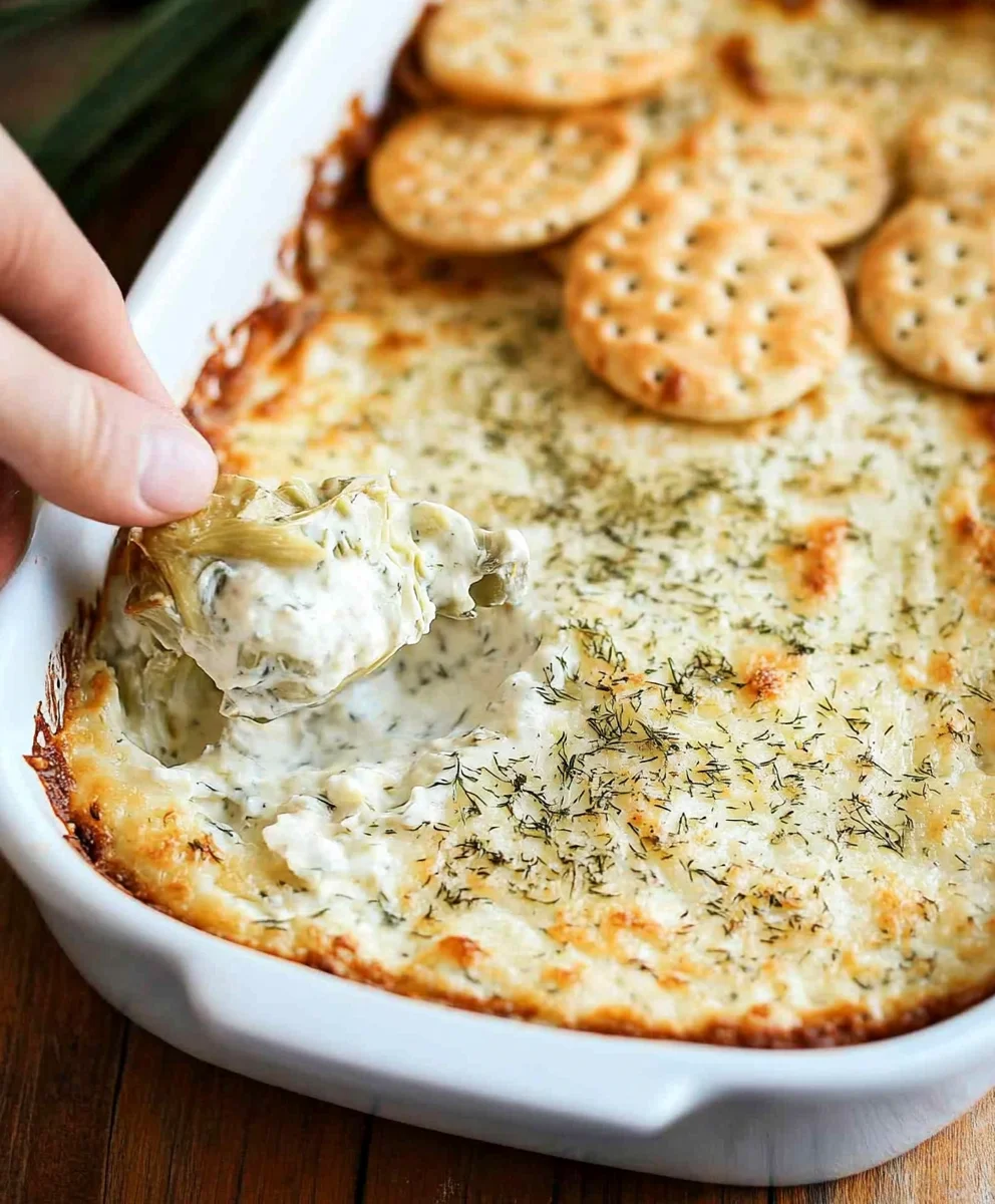Creamy baked artichoke dip with crispy crackers in a white dish.