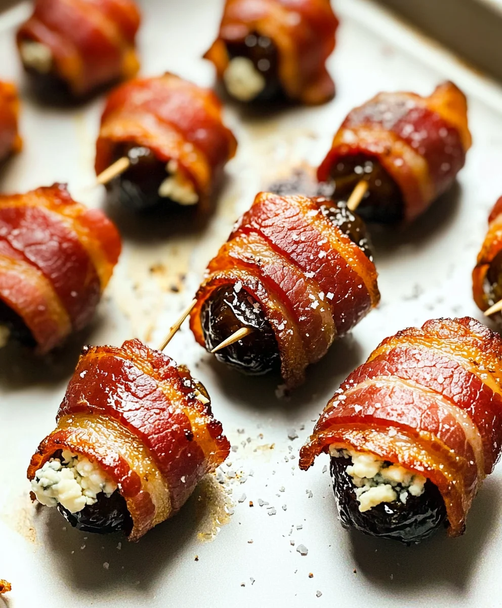 Crispy bacon-wrapped dates stuffed with creamy cheese, secured with toothpicks on a baking sheet.
