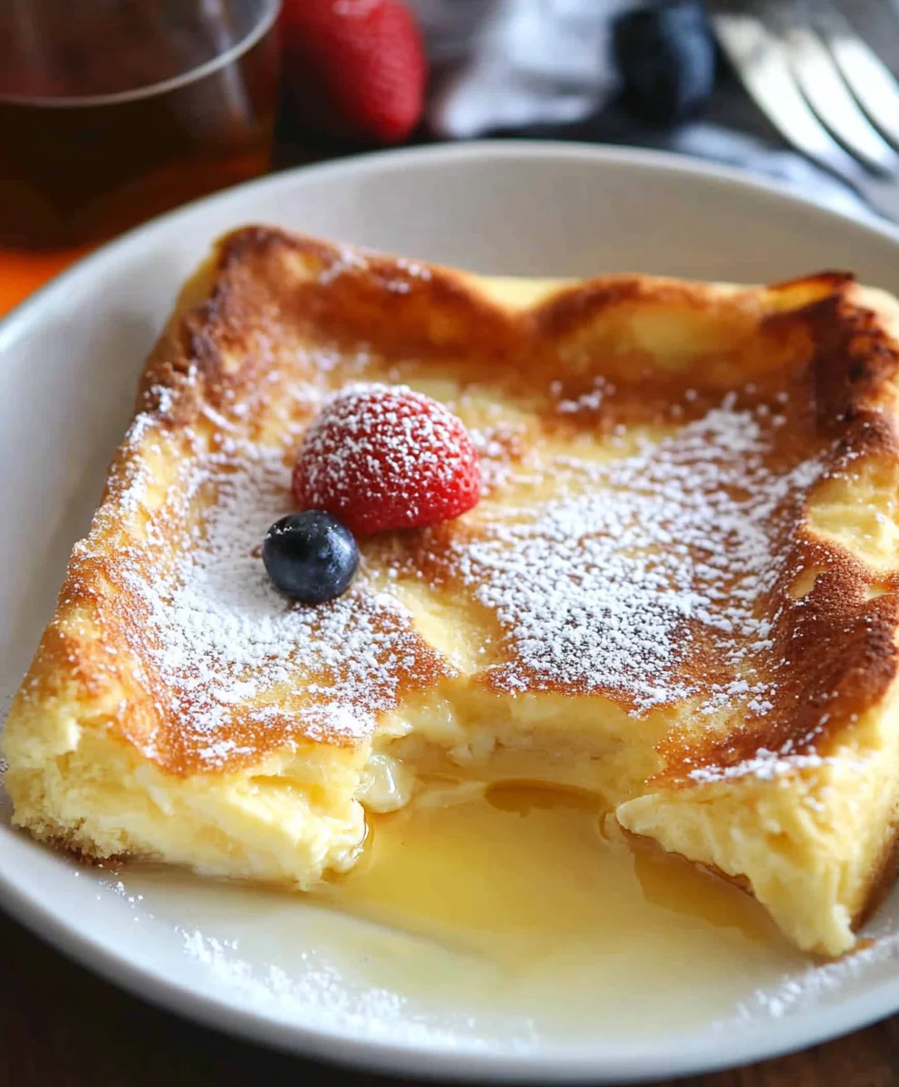 Fluffy Baked German Pancake dusted with powdered sugar, topped with fresh strawberries, and drizzled with syrup.