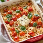 Baked Tomato & Feta Rice in a red baking dish with cherry tomatoes, feta cheese, and fresh basil.