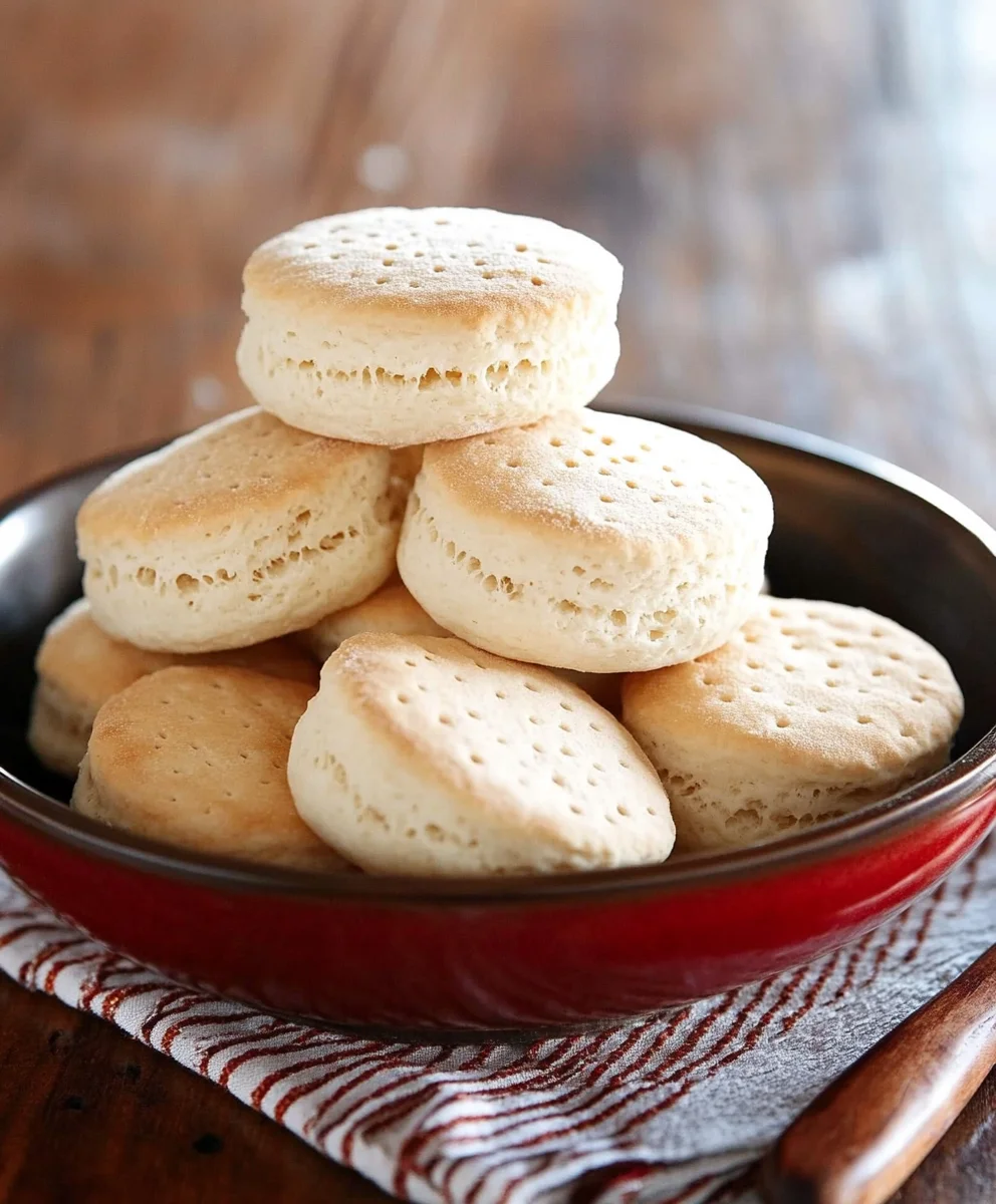 A rustic red skillet filled with homemade beaten biscuits, showcasing their crispy, flaky texture.