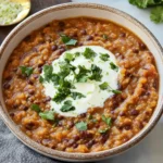 A warm and nourishing Breakfast Dal Bowl topped with creamy lime yogurt and fresh cilantro.
