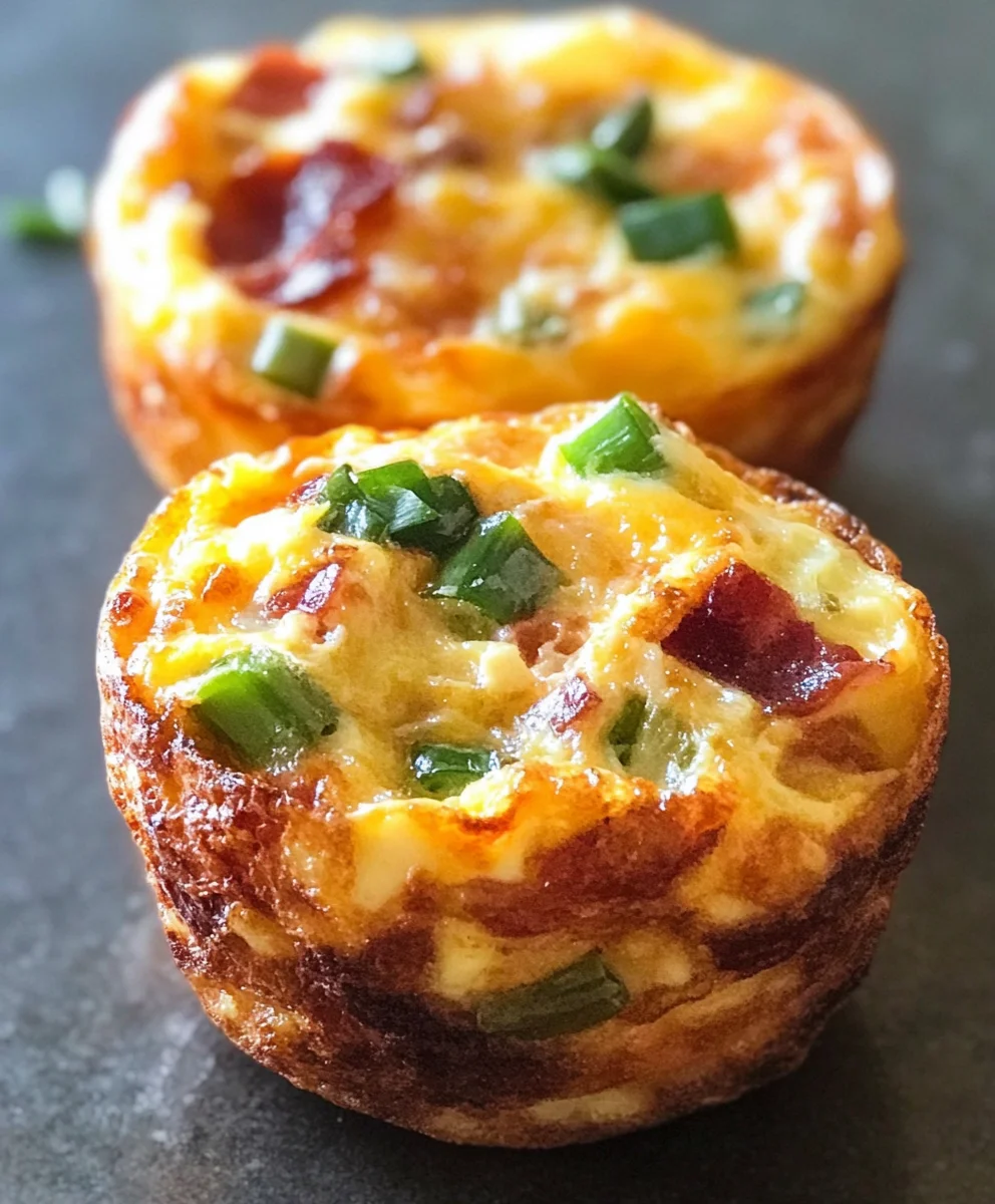 Delicious breakfast egg muffins with crispy bacon, melted cheese, and fresh green onions.