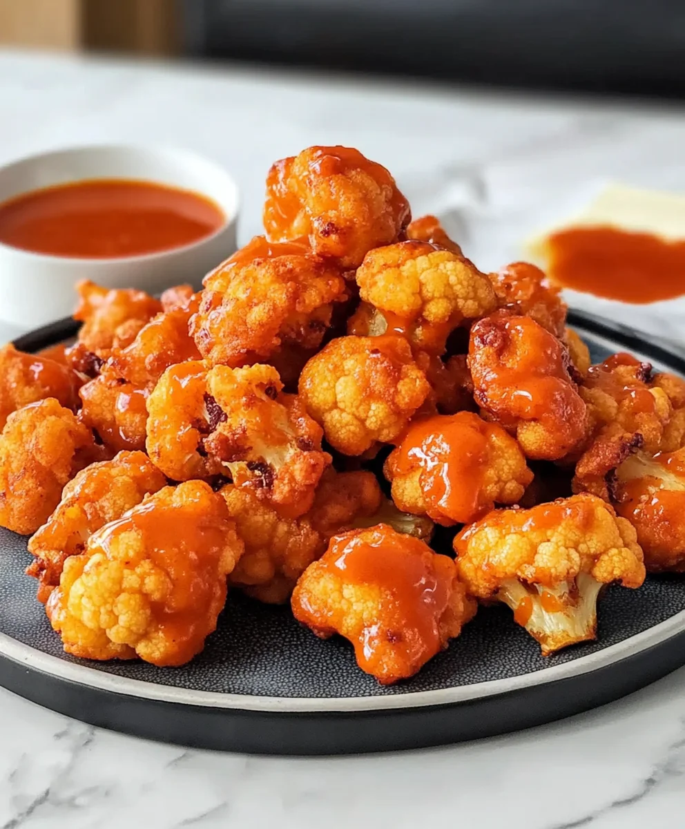 Crispy Buffalo cauliflower bites coated in spicy sauce, served on a plate.