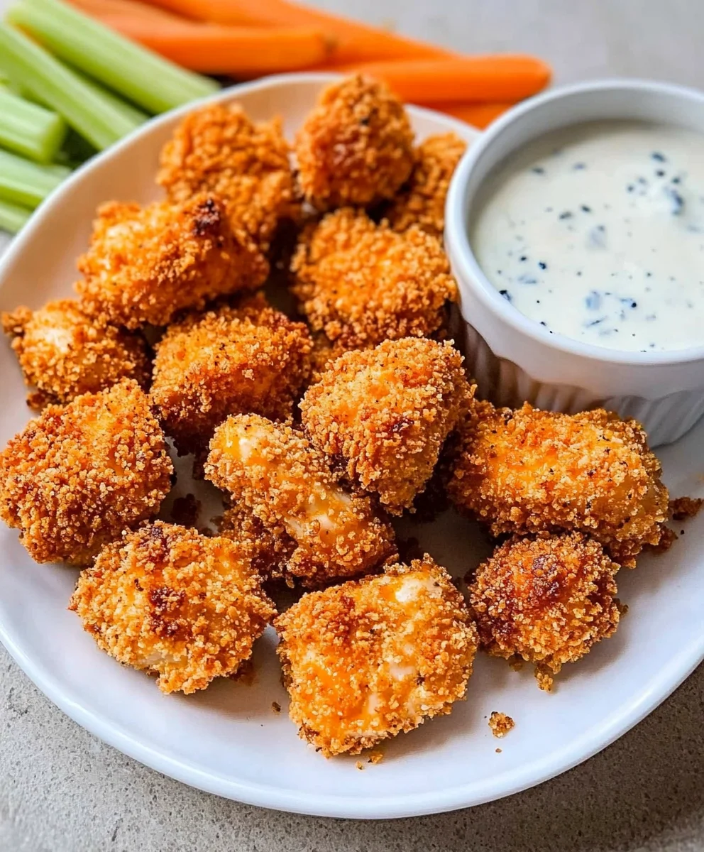 Crispy air fryer buffalo chicken bites served with ranch dressing, celery, and carrot sticks.