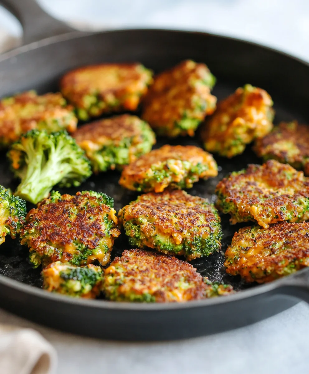 Close-up of cheesy broccoli fritters with a bite taken out, revealing gooey melted cheese and finely chopped broccoli inside.