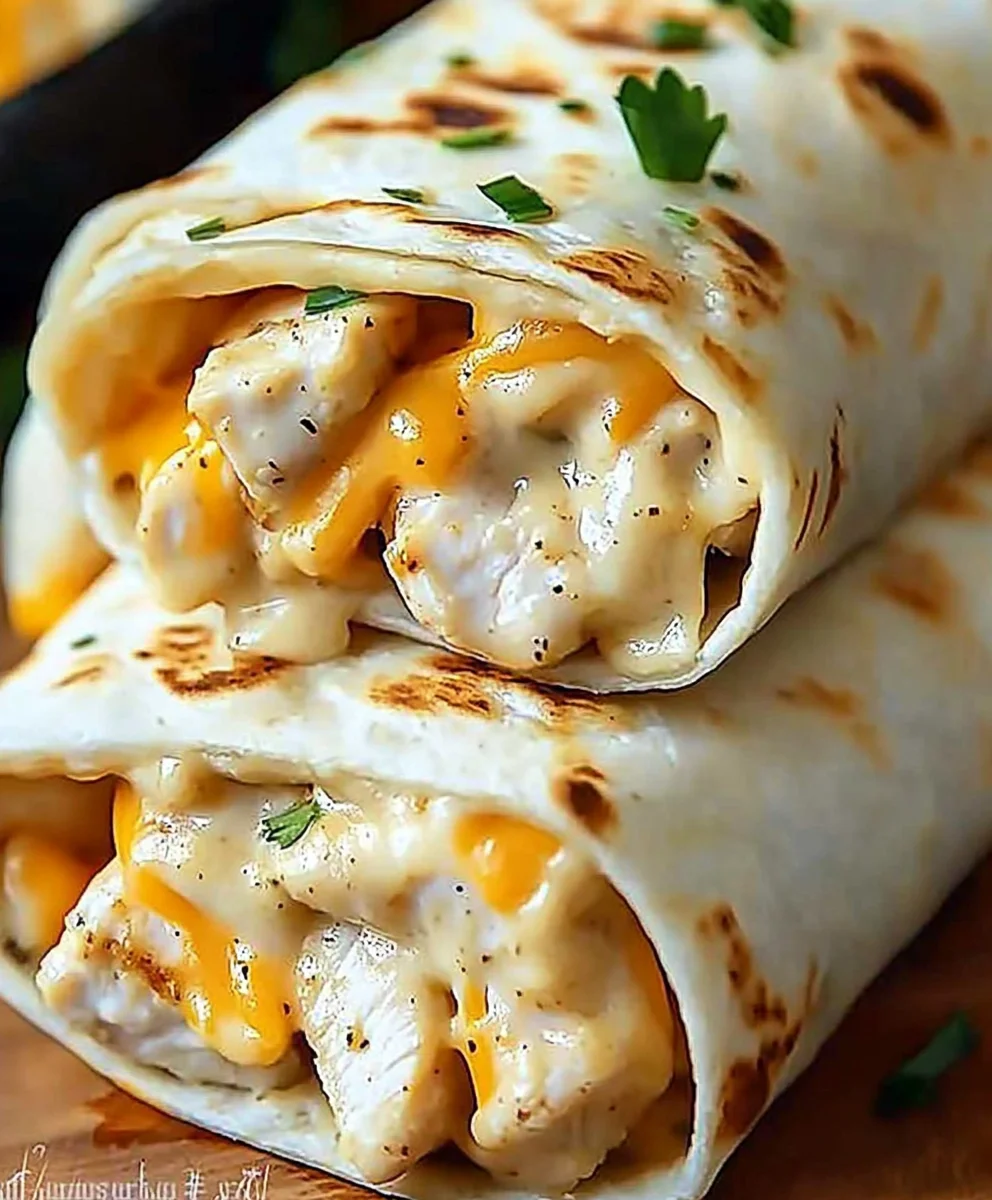 Stacked cheesy garlic chicken wraps with melted cheese oozing from the crispy tortillas.