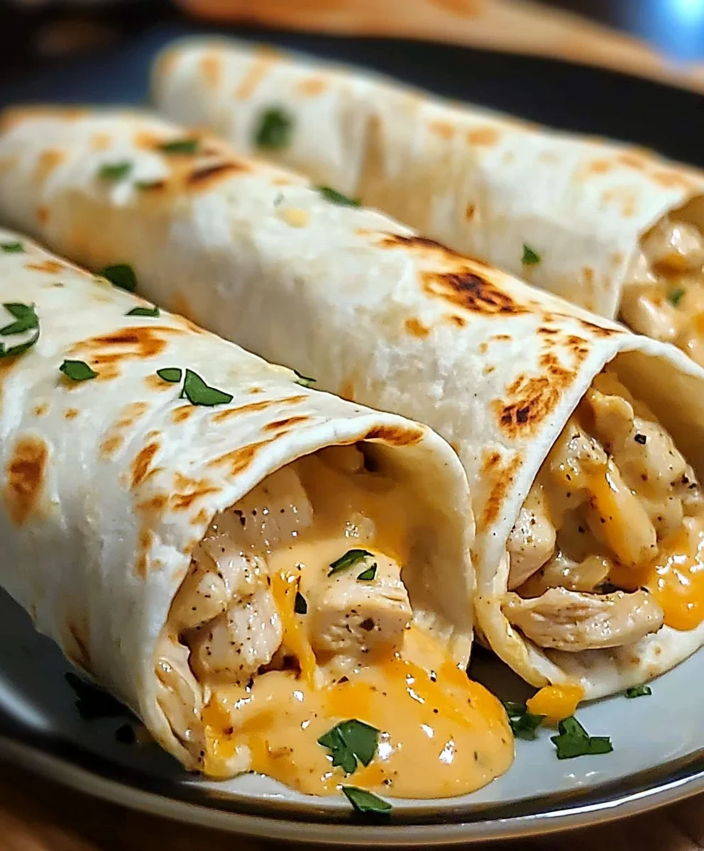 Three cheesy garlic chicken wraps with melted cheddar and mozzarella, garnished with fresh parsley.