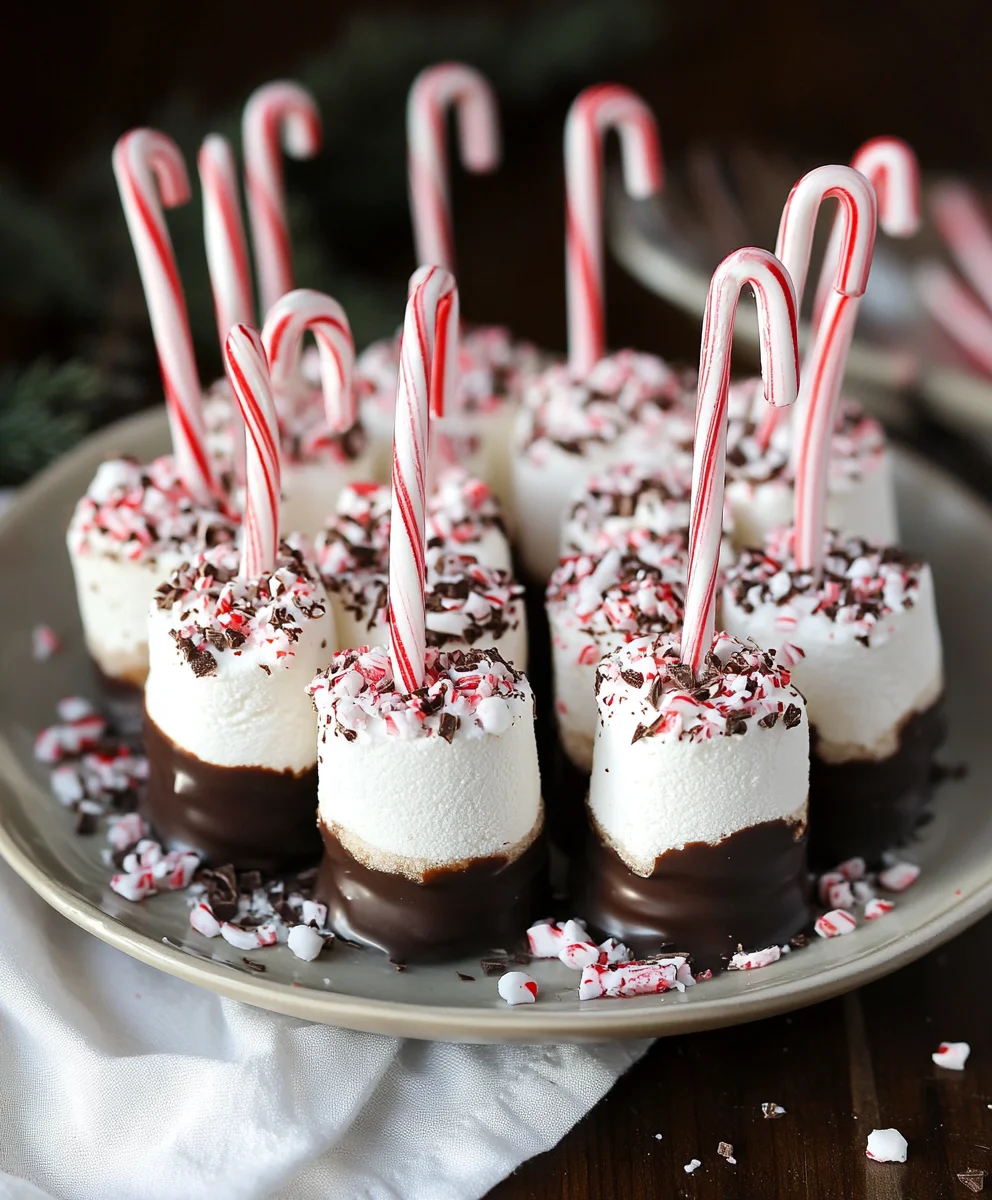 Chocolate-dipped marshmallows with peppermint sprinkles and candy cane sticks.