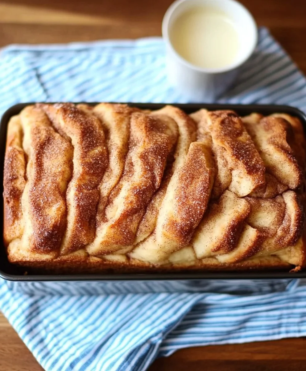 Freshly baked cinnamon sugar pull-apart bread in a loaf pan, golden brown with a crispy cinnamon-sugar topping.
