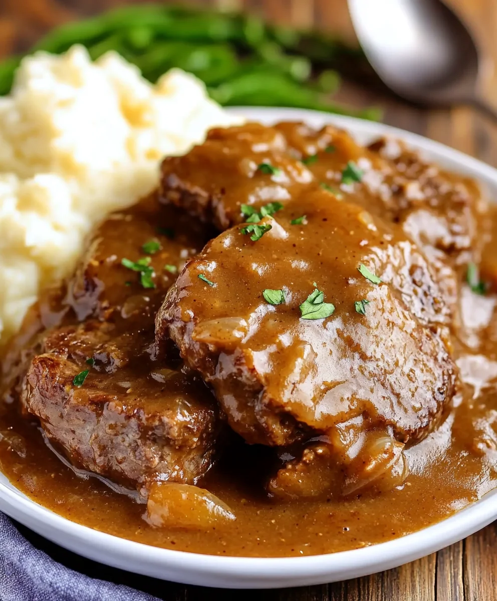 Slow-cooked cube steak with rich brown gravy served over mashed potatoes