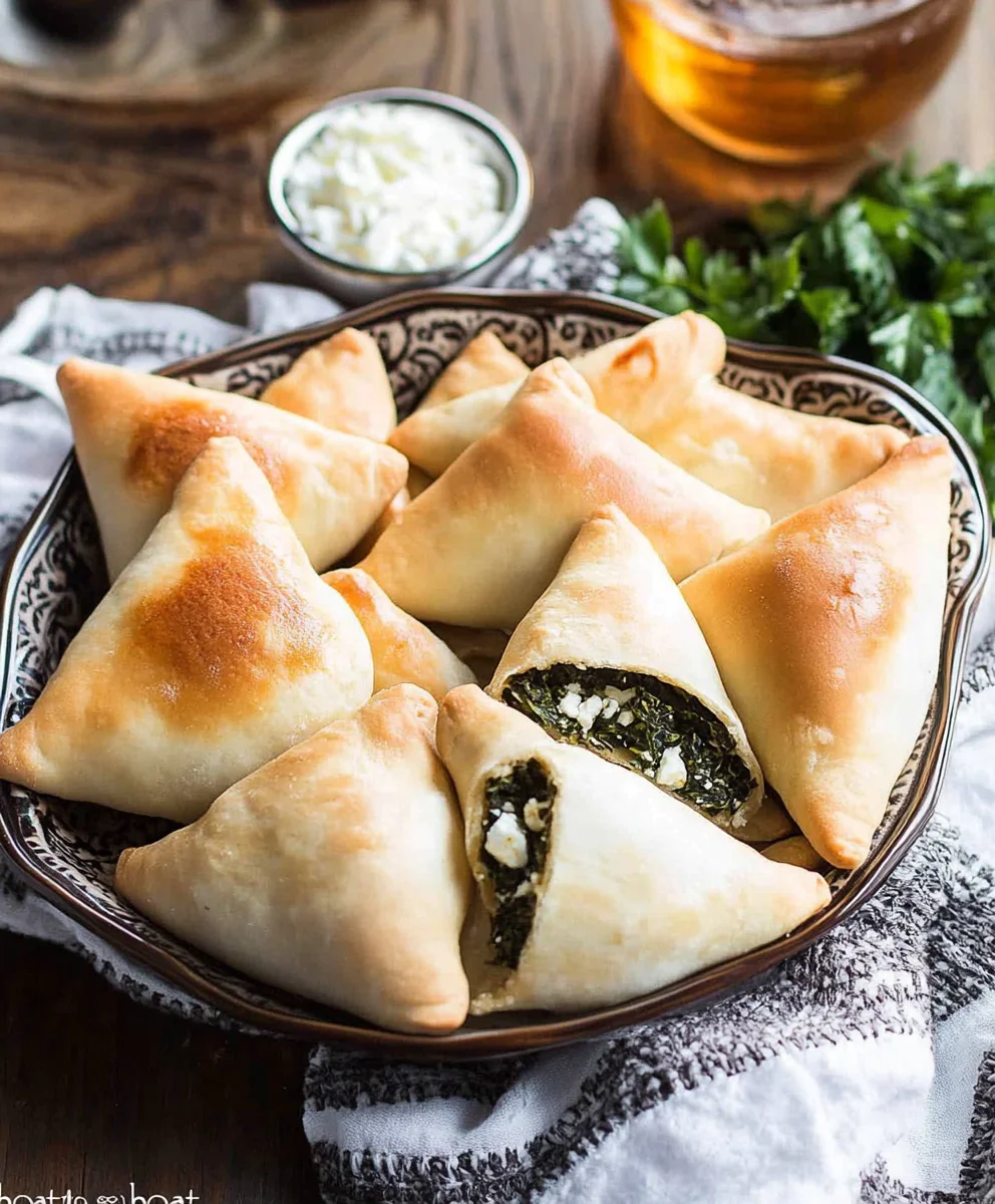 Freshly baked spinach and feta Fatayer on a baking tray, with a close-up of one pastry revealing its delicious filling.