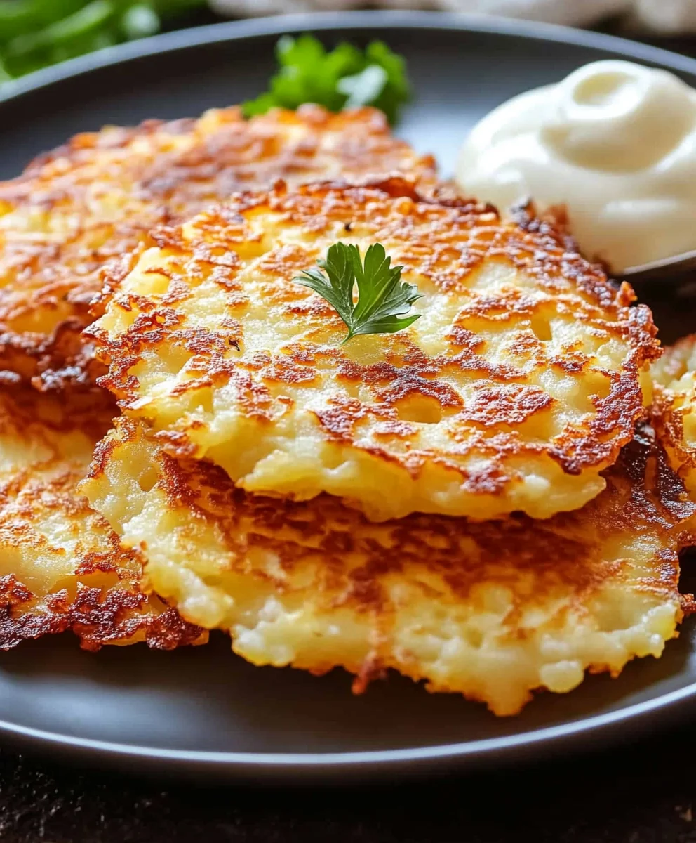 Close-up of homemade German potato pancakes with a crispy, golden-brown crust, served on a dark plate.