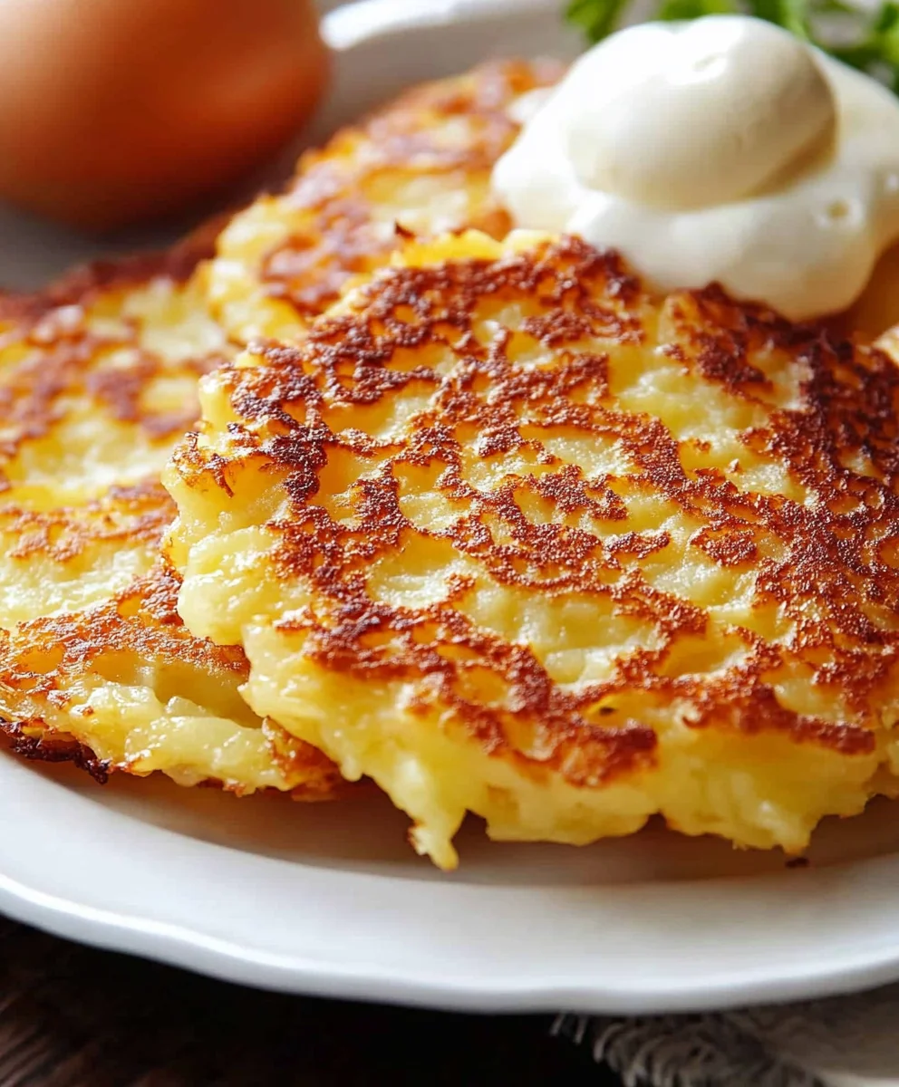 Crispy German potato pancakes (Kartoffelpuffer) served with a dollop of sour cream on a white plate.