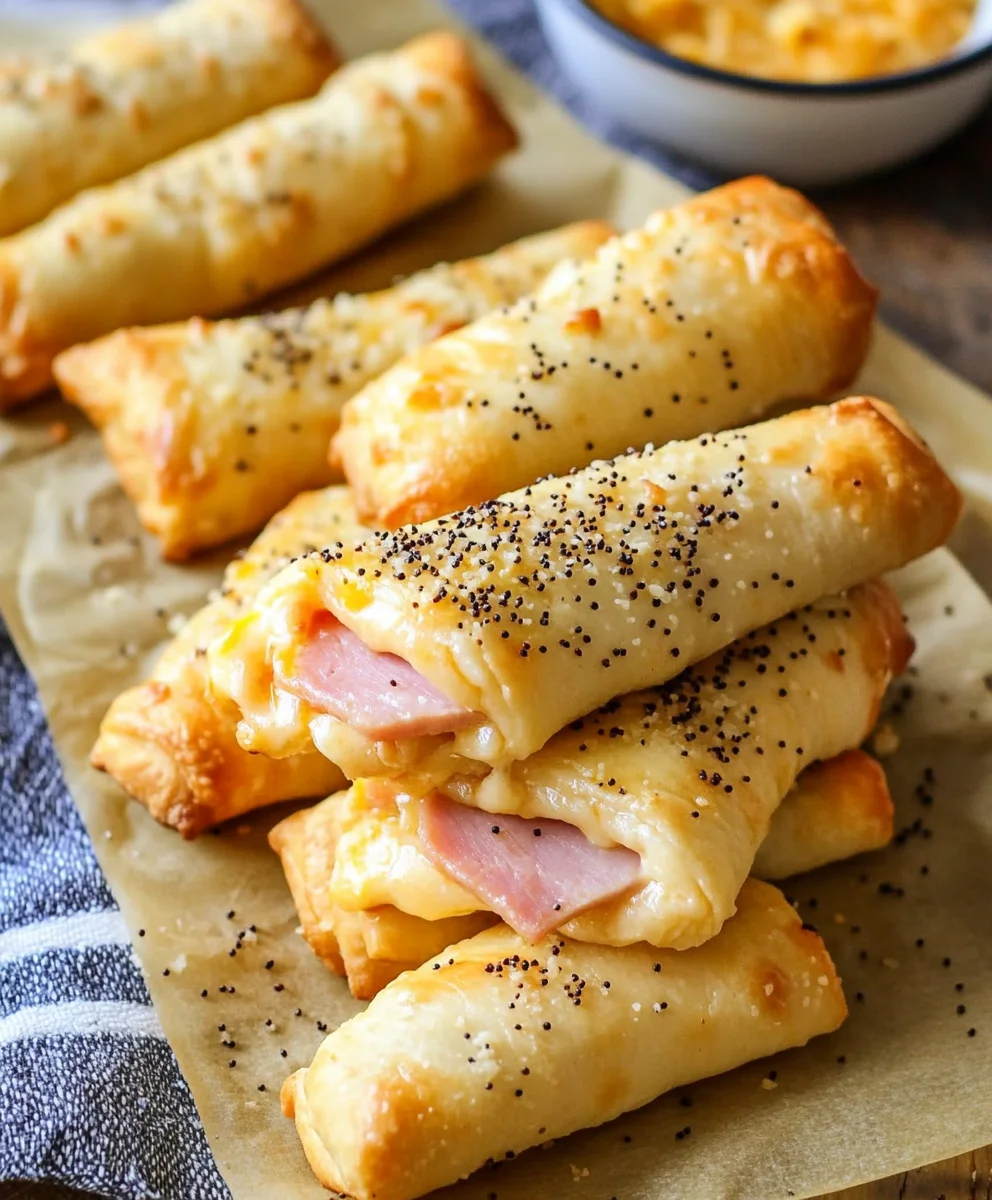 Golden, crispy ham and cheese sticks with a flaky crescent dough crust, topped with poppy seeds.