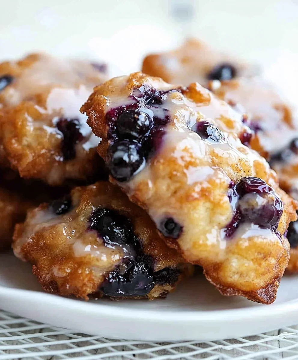 Close-up of freshly fried blueberry fritters with a light sugar glaze, highlighting their golden texture and juicy berries.