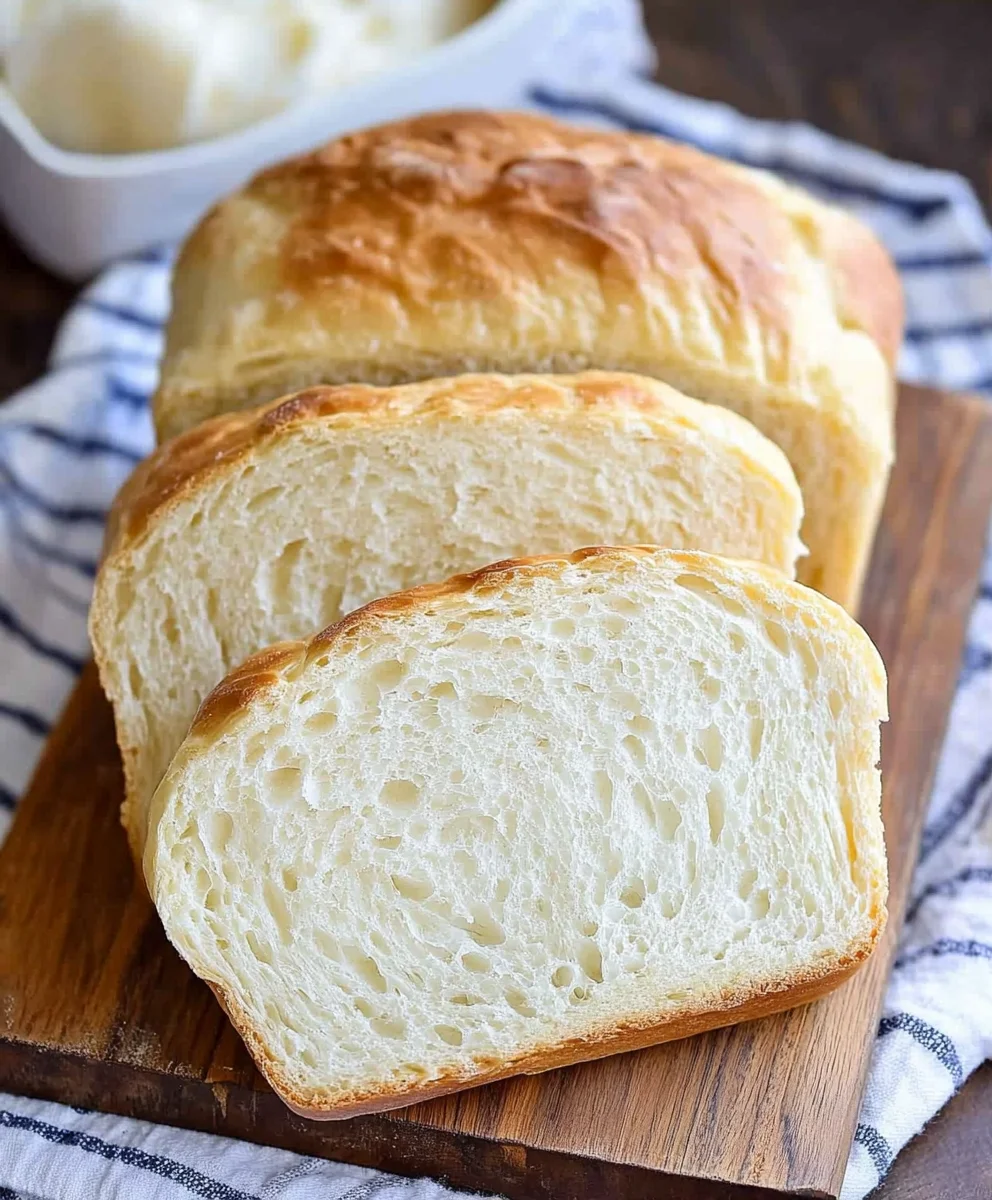 Sliced homemade bread with a light, fluffy texture and golden crust, served on a wooden board.