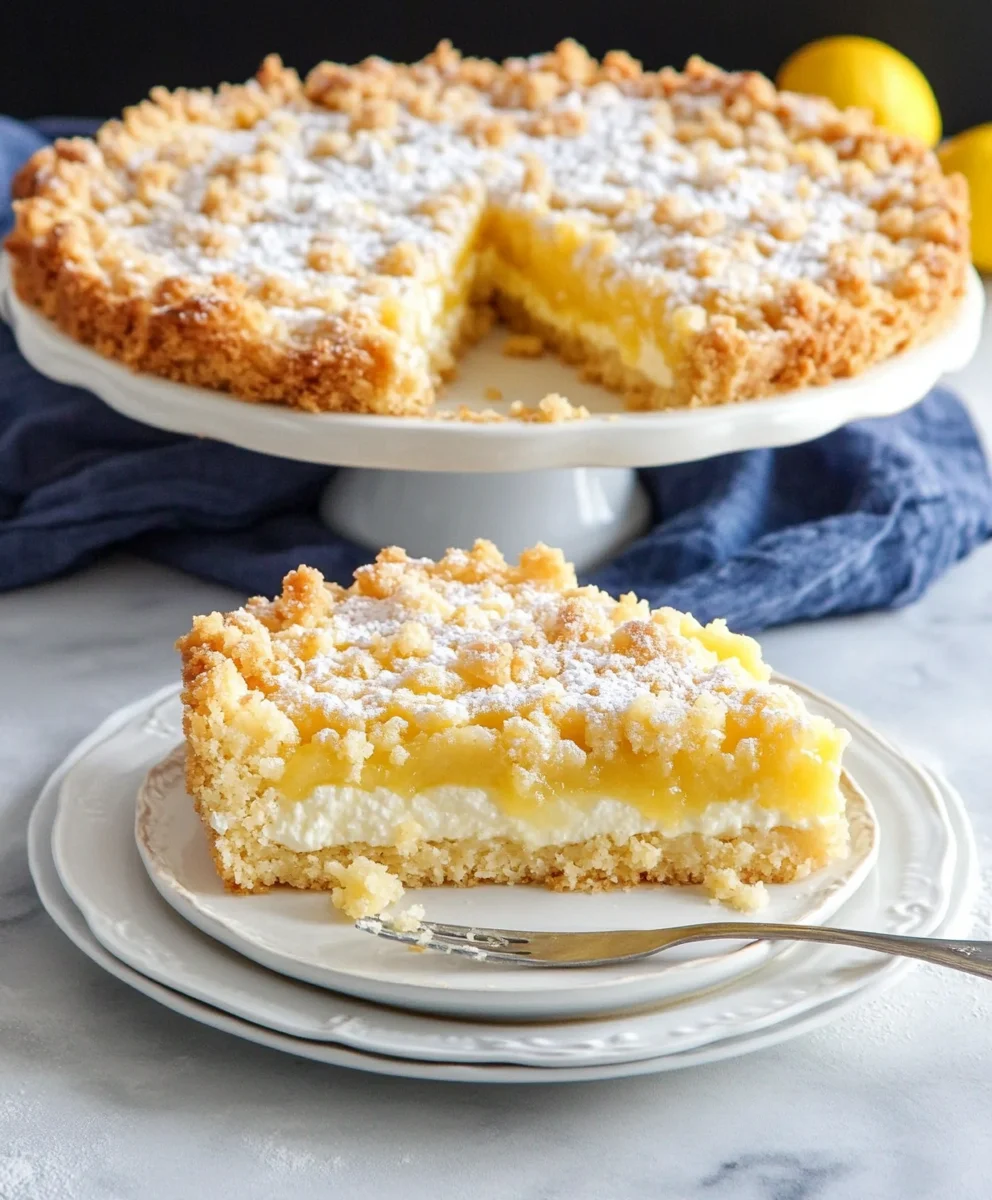 Close-up of a slice of Italian Lemon Crumble Cake with a golden crumbly topping, creamy ricotta layer, and lemon curd filling.