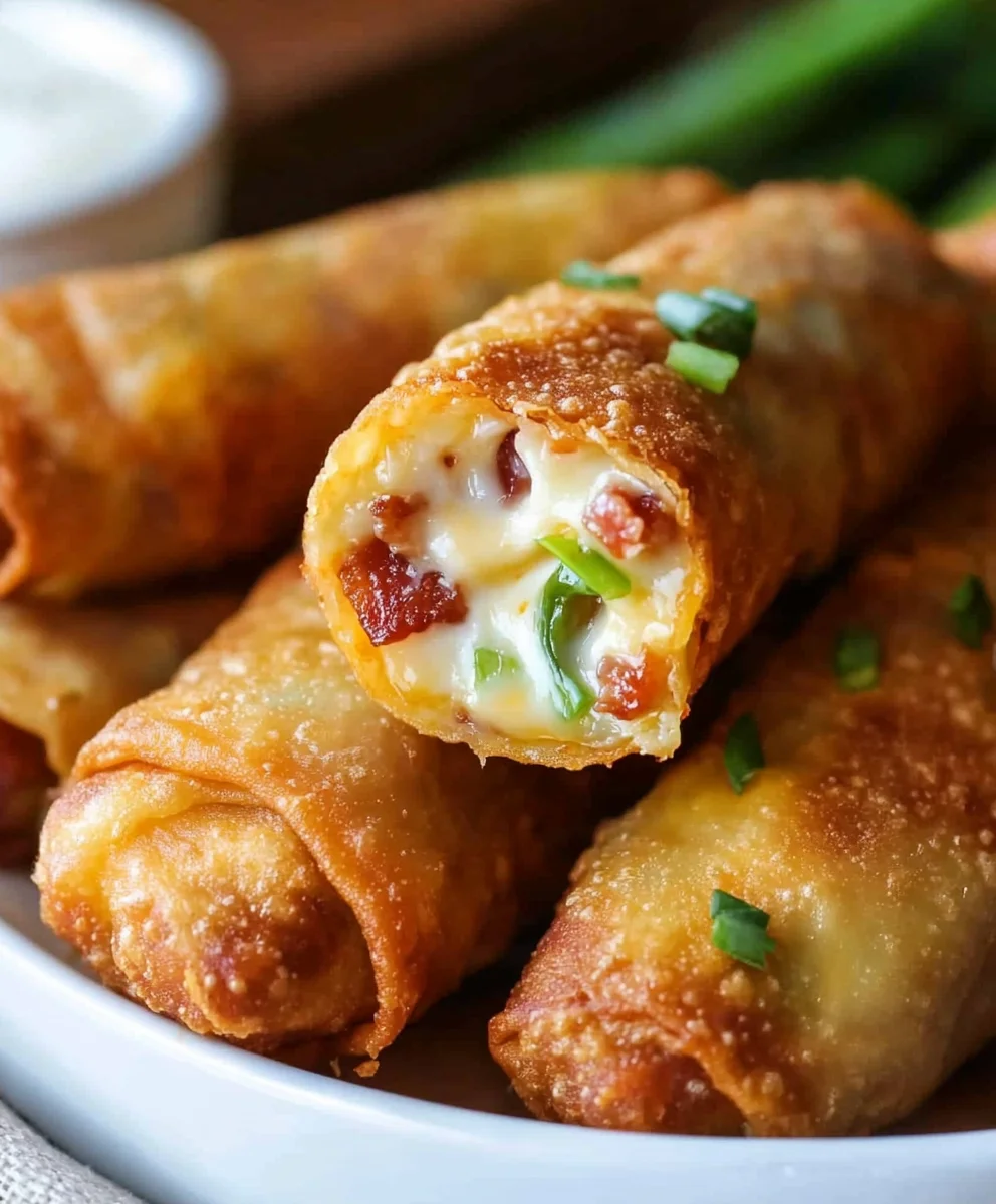 A Jalapeno Popper Egg Roll with a gooey, cheesy center, crispy bacon, and chopped green onions.