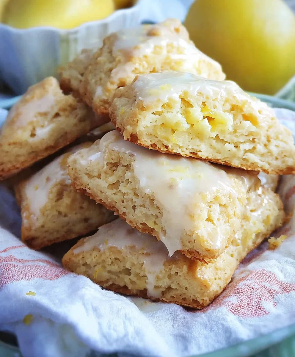 Freshly baked lemon scones with a tangy lemon glaze, served on a plate.
