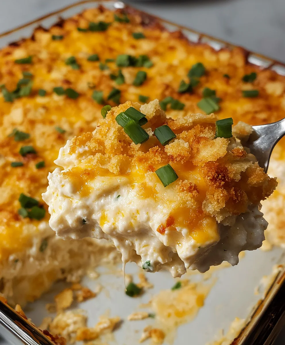 Million Dollar Chicken Casserole in a baking dish, with a golden cracker topping and a creamy, cheesy interior.