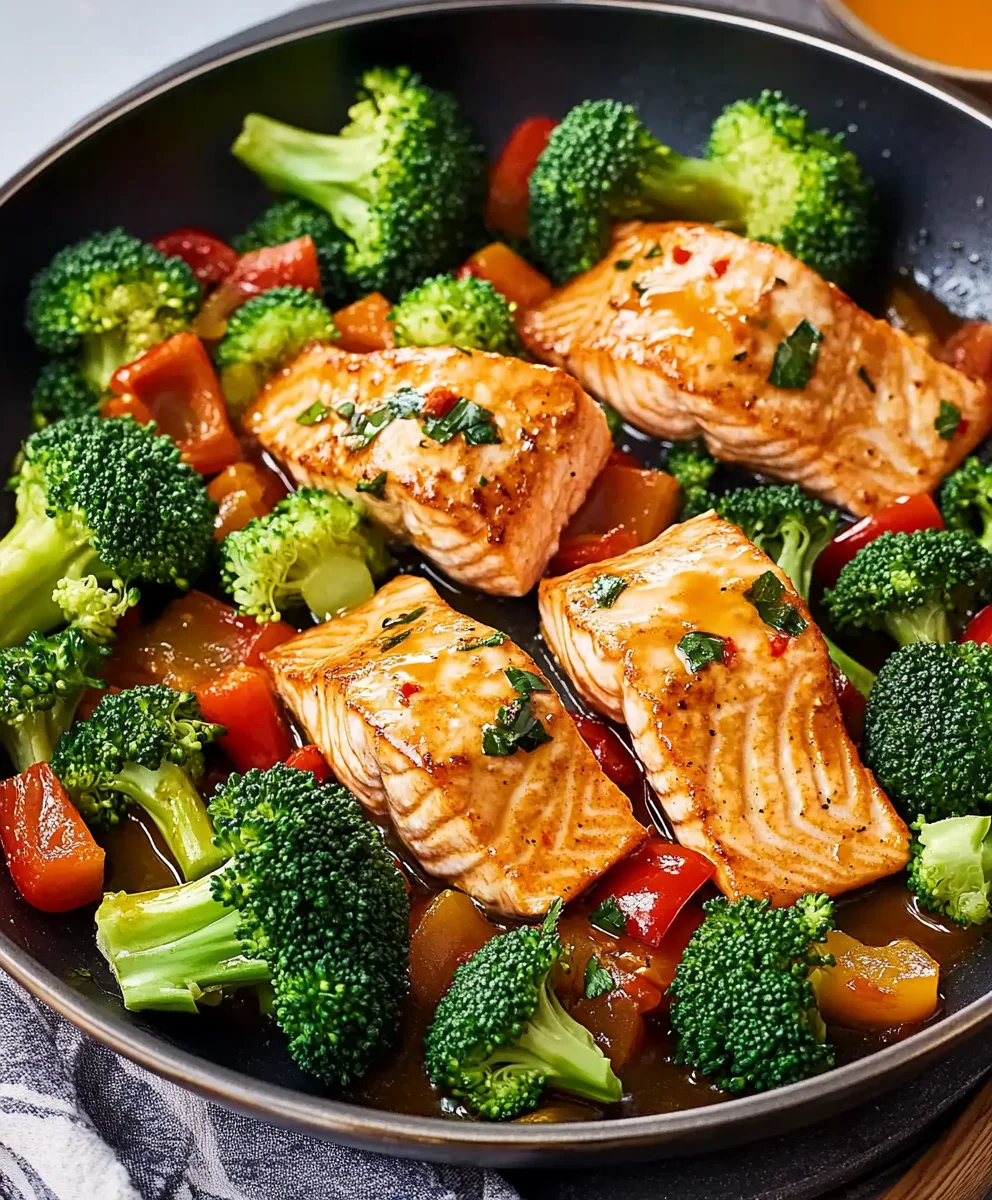 Close-up of One-Skillet Garlicky Salmon with a glossy garlic sauce, served with broccoli and bell peppers.