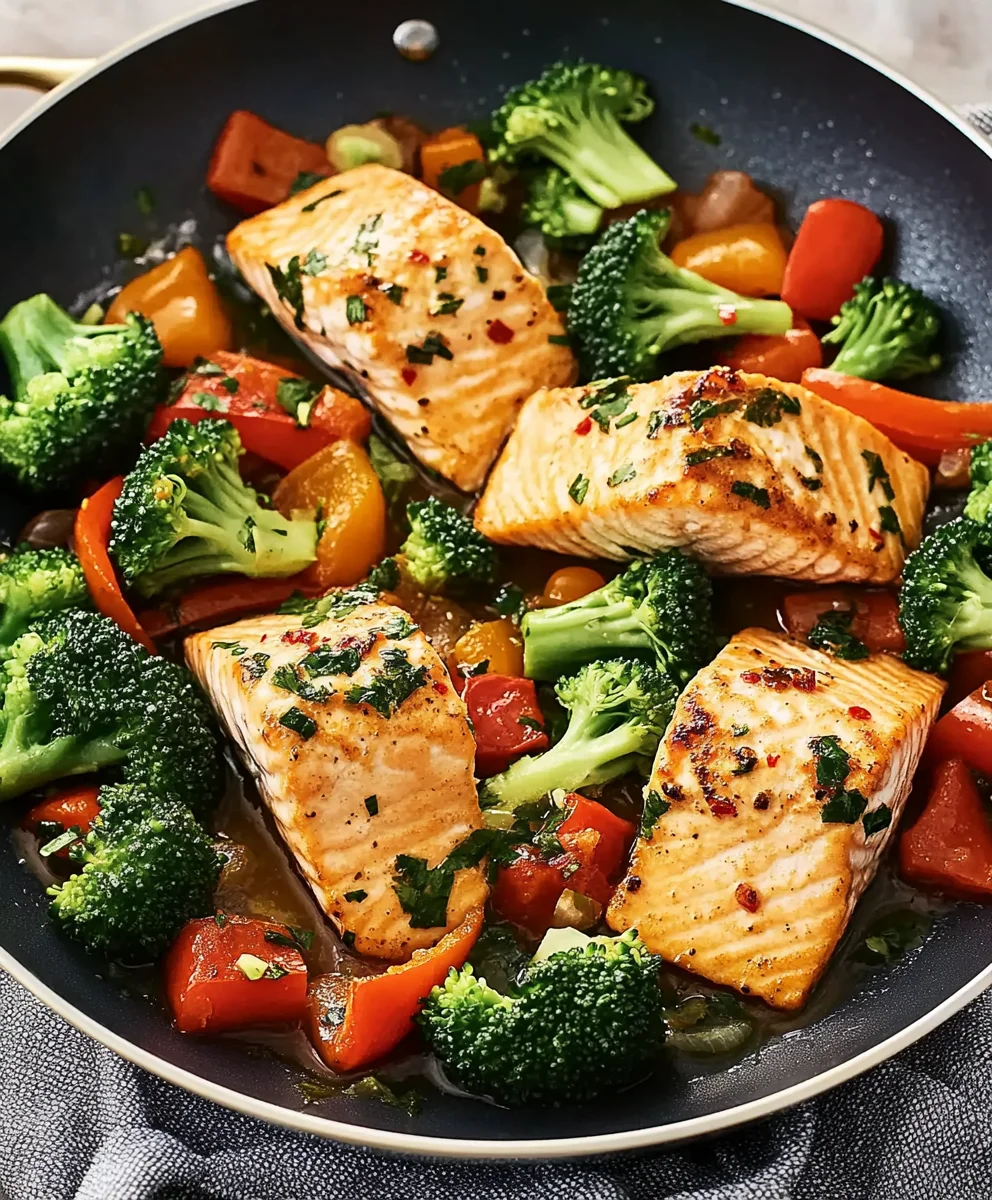 Perfectly seared salmon fillets with fresh broccoli and bell peppers in a skillet, garnished with parsley.