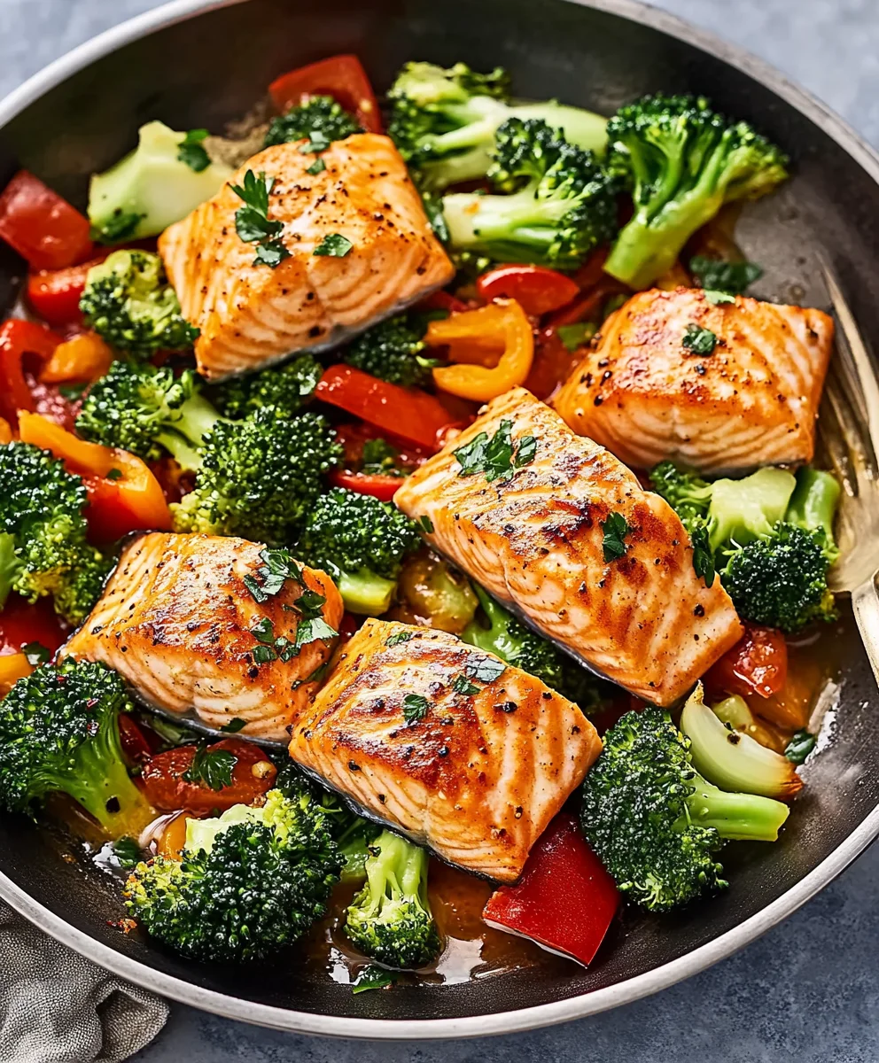 One-Skillet Garlicky Salmon with broccoli and red bell peppers in a black pan, cooked to golden perfection.
