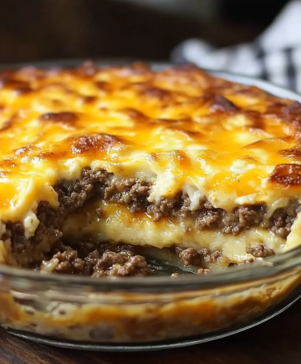 A freshly baked Pioneer Woman Cheeseburger Pie in a glass pie dish, showing its golden, cheesy crust and savory beef filling.