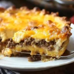 A cheesy slice of Pioneer Woman Cheeseburger Pie lifted from the dish, showcasing the layers of seasoned ground beef, creamy cheese, and a golden crust.