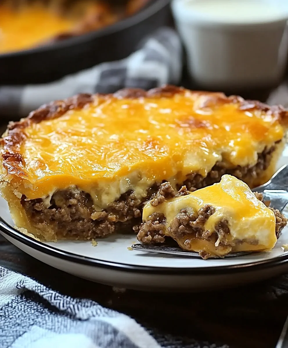 A close-up of a forkful of Pioneer Woman Cheeseburger Pie with melted cheese and seasoned beef, highlighting its rich texture and flavor.
