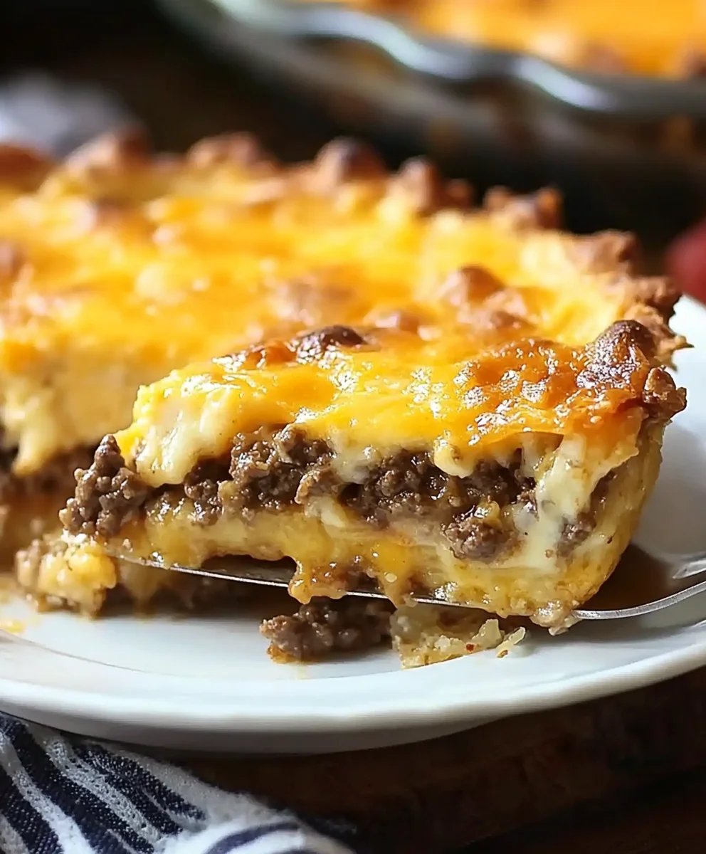 A cheesy slice of Pioneer Woman Cheeseburger Pie lifted from the dish, showcasing the layers of seasoned ground beef, creamy cheese, and a golden crust.