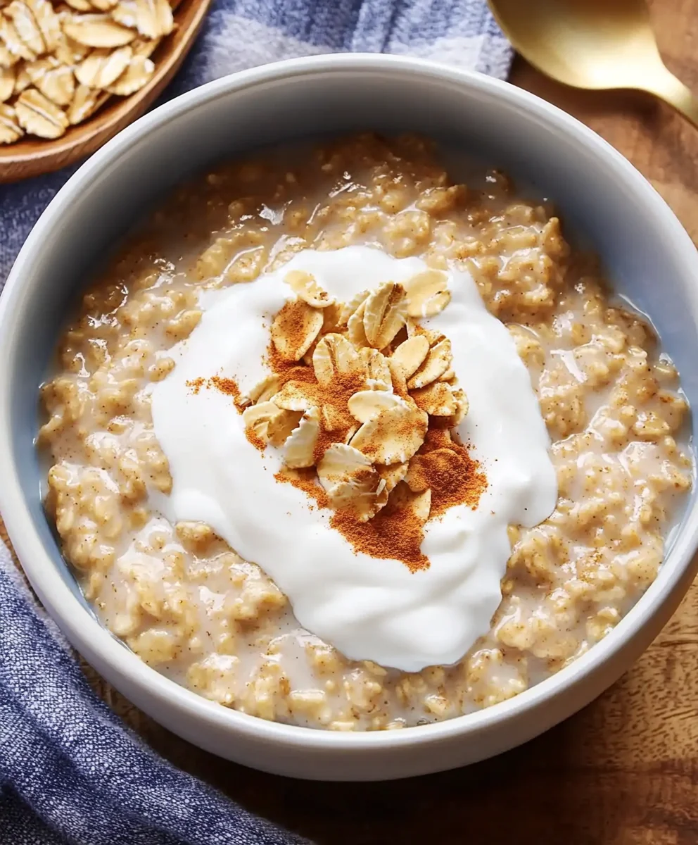 Warm and creamy cinnamon protein oatmeal with a yogurt topping and a sprinkle of cinnamon and oats.