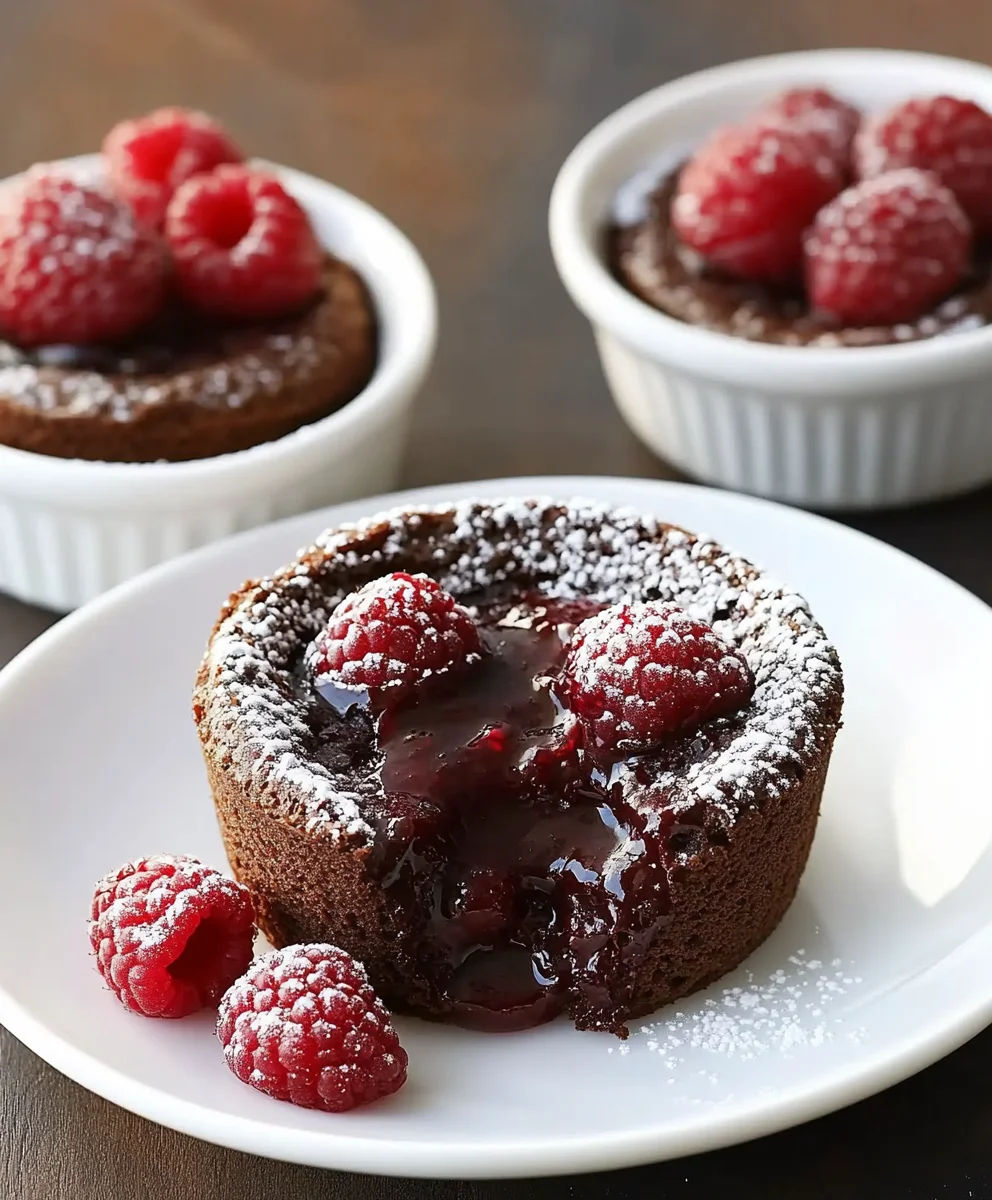 Raspberry Chocolate Lava Cake with a molten chocolate center oozing onto the plate, topped with powdered sugar and fresh raspberries.